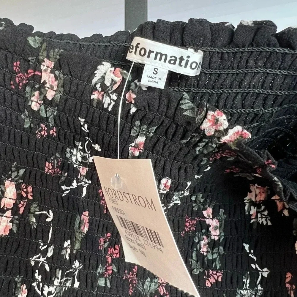 Reformation Pinto Floral Smocked Long Sleeve Blouse Black Small Contemporary